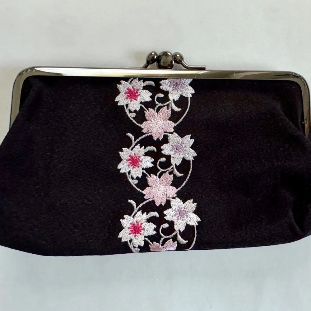 Black Cherry Blossom Evening Clutch, Japan Black with Silver Clasps, Two pockets